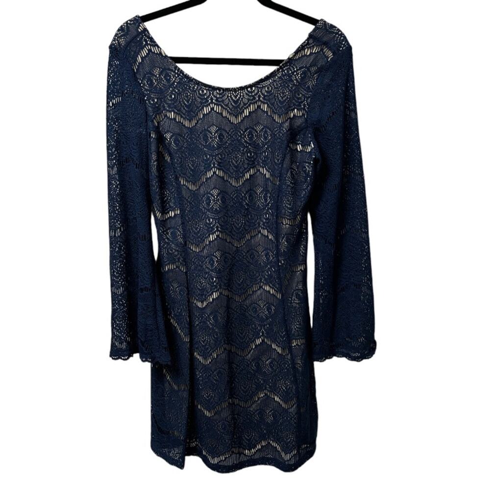 Exhilaration Women’s LG Navy Blue Lace Eyelet Long Sleeve Dress with Slip Lining